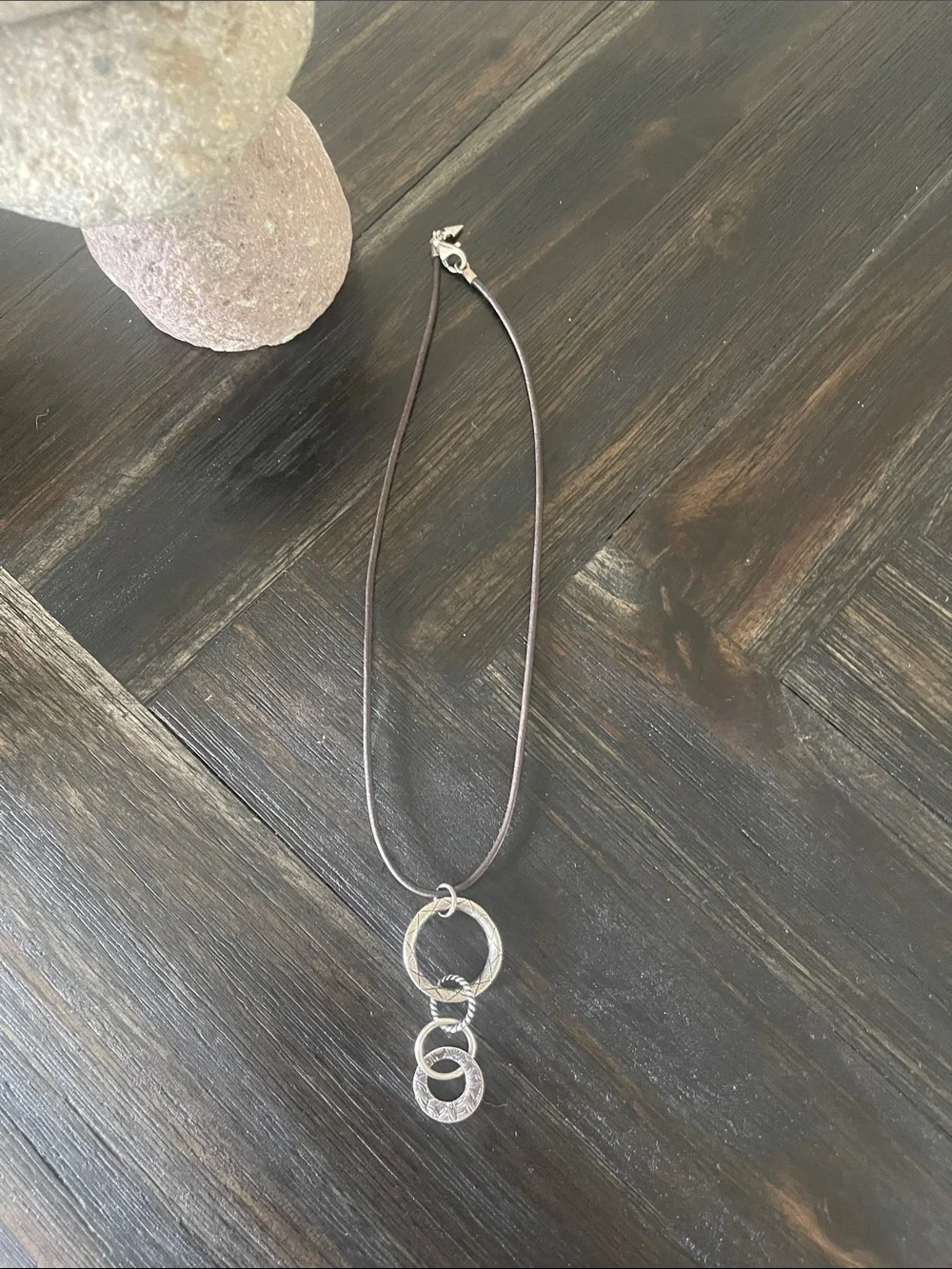 Silpada Silver Triple Ring Pendant Necklace on Brown Cord